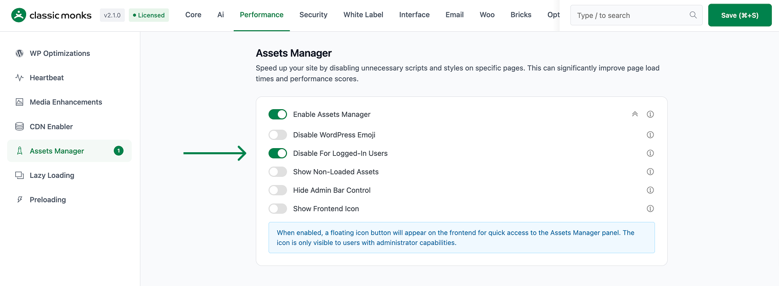 Assets manager settings enabled.