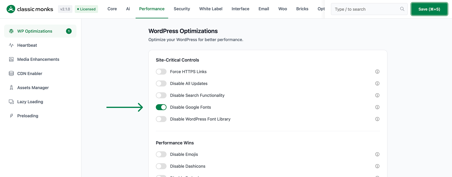 How to Disable Google Fonts in WordPress Disable Google Fonts toggle enabled