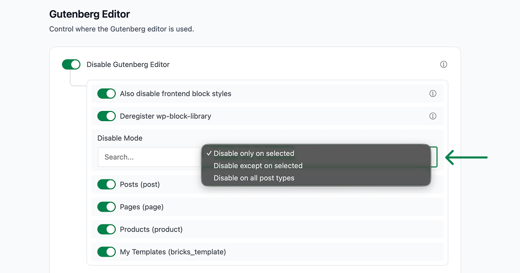 How to Disable the Gutenberg Editor in WordPress Settings panel for disabling the Gutenberg editor with toggles for disabling frontend block styles, deregistering block library, and options to disable editor on posts, pages, products, and templates. Dropdown menu shows disable mode options: disable only on selected, disable except on selected, disable on all post types.