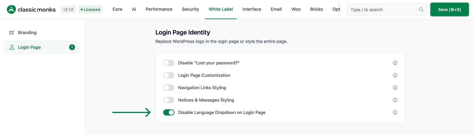 Disable login page language dropdown