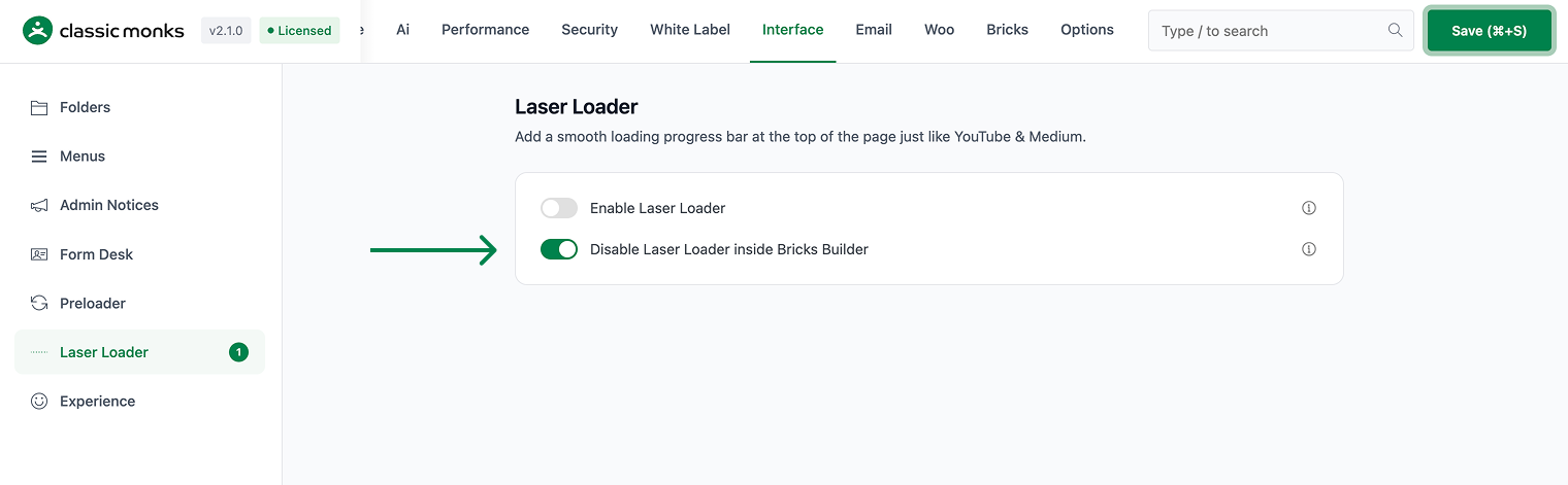 Laser loader settings enabled