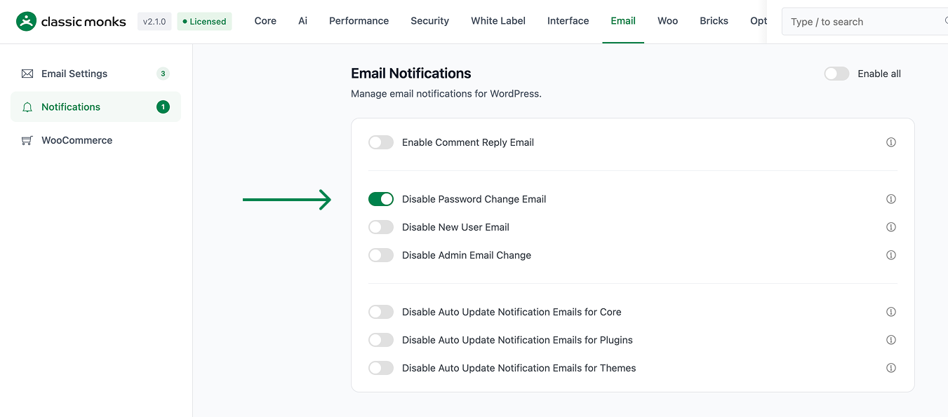 Email notification settings toggle