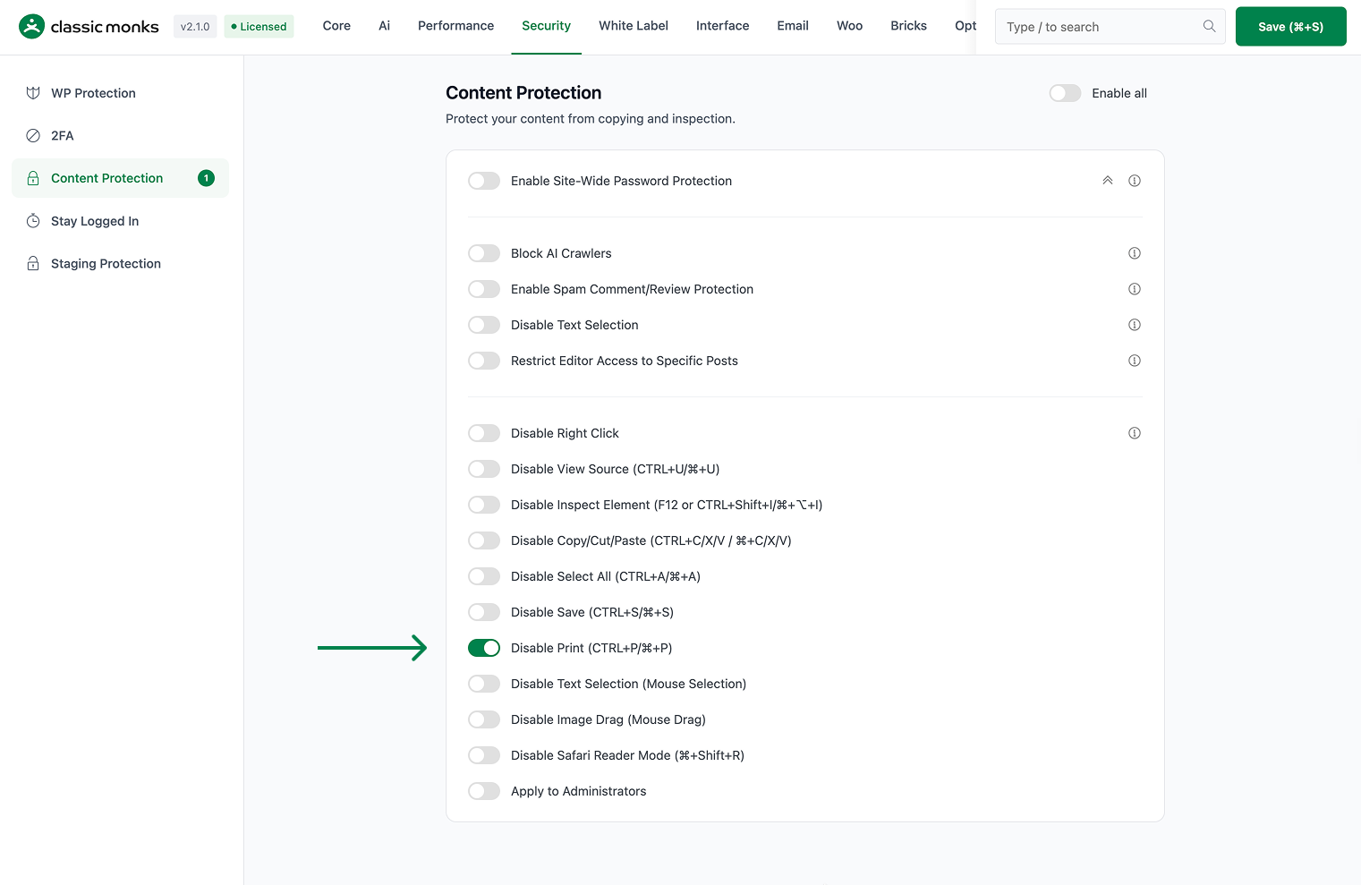 Disable print content protection option