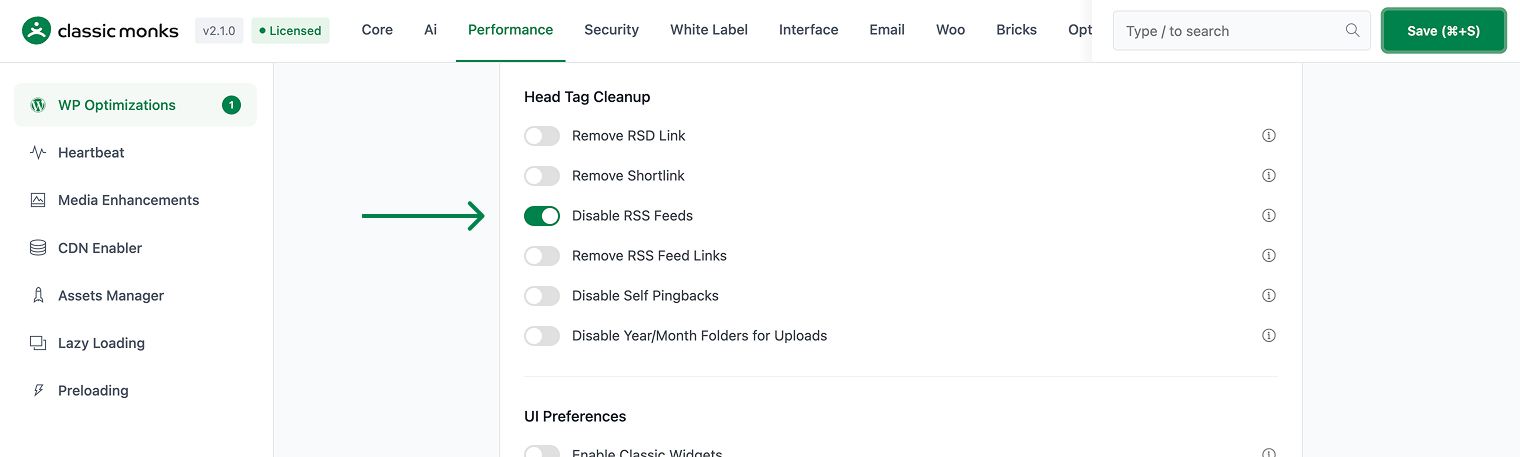 Disable RSS feeds toggle enabled