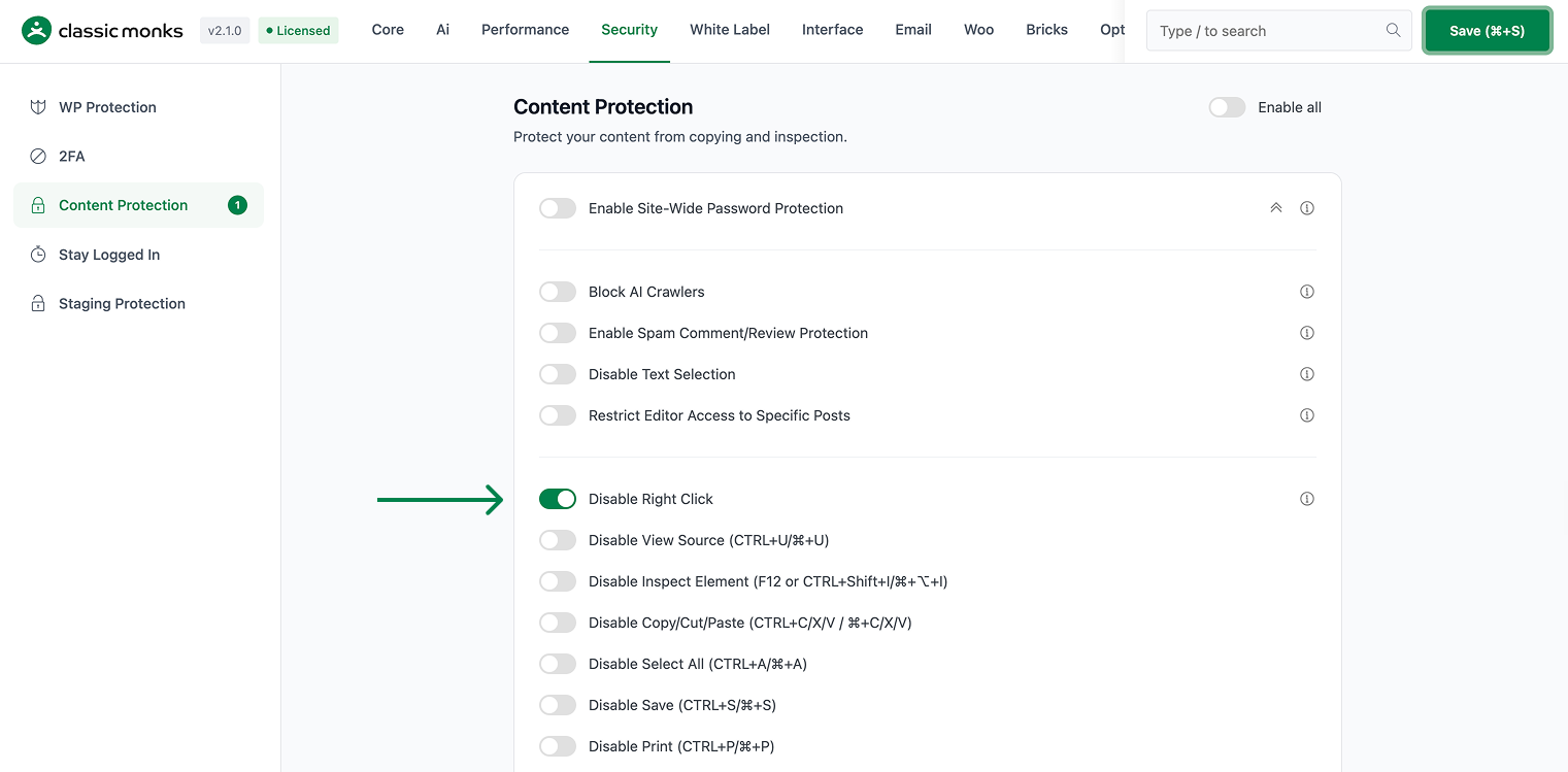 How to Disable Right Click in WordPress Content Protection settings panel