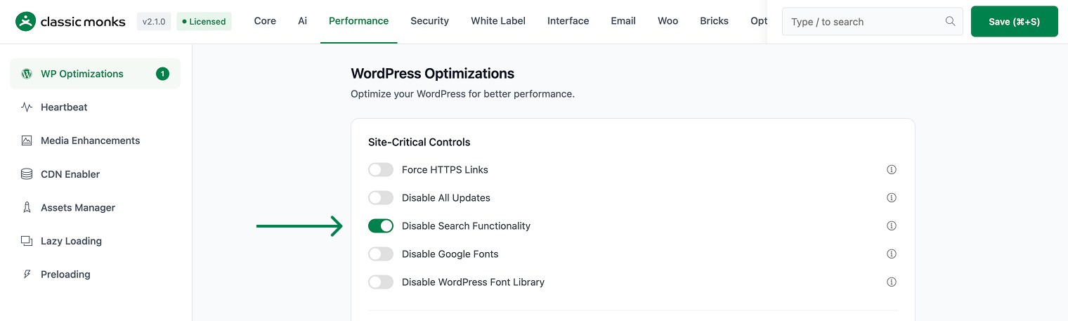 Disable search functionality toggle
