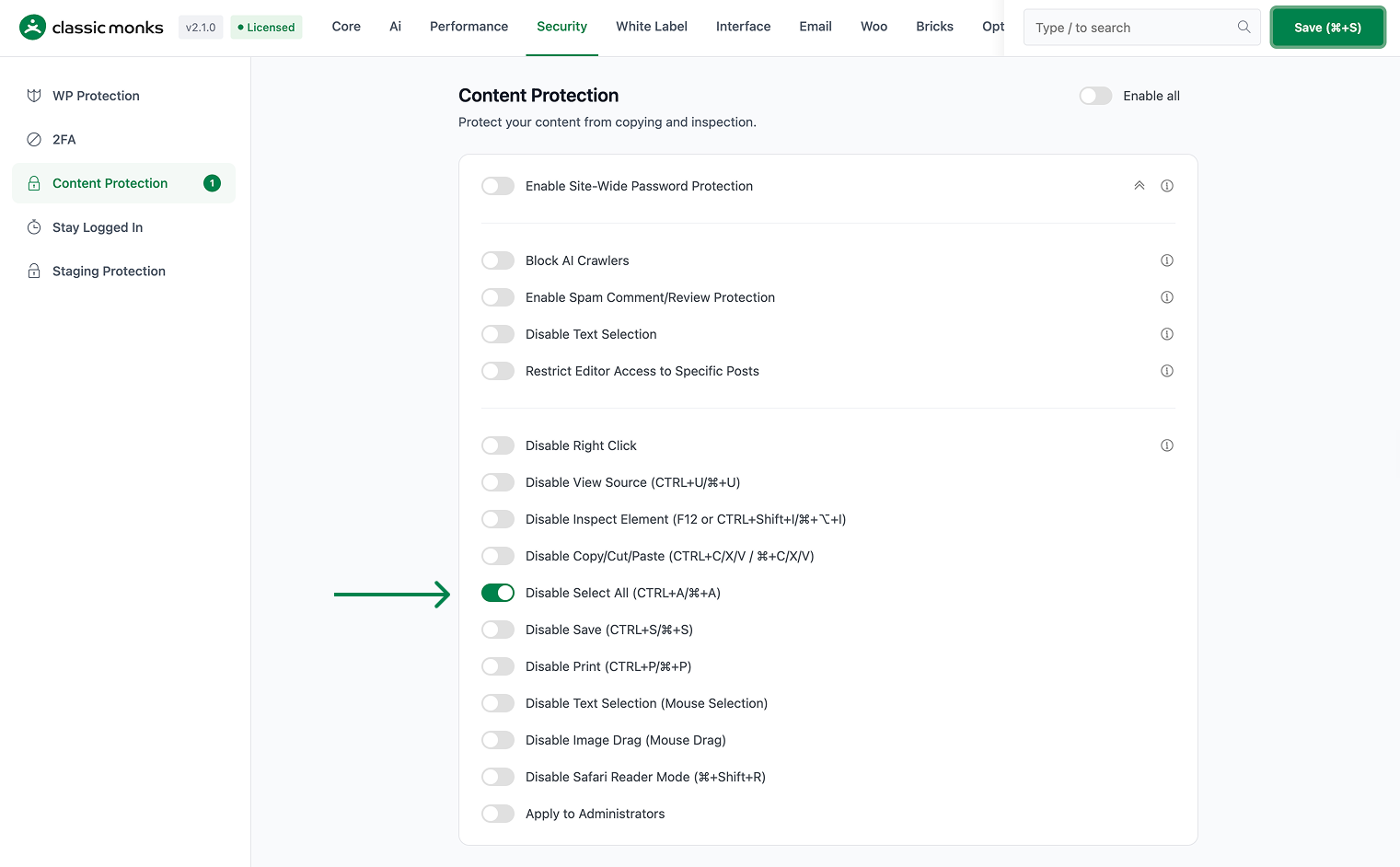 Disable Select All enabled