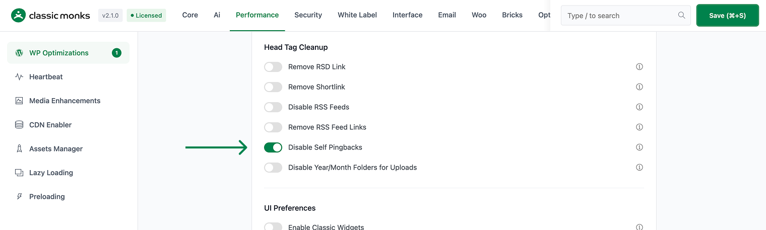 Disable self pingbacks toggle enabled