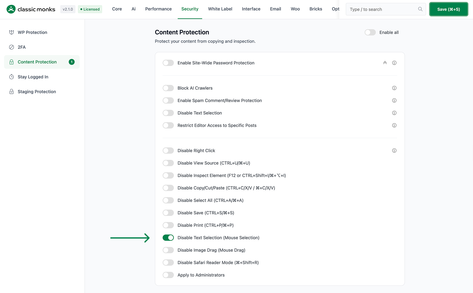 Content protection options enabled
