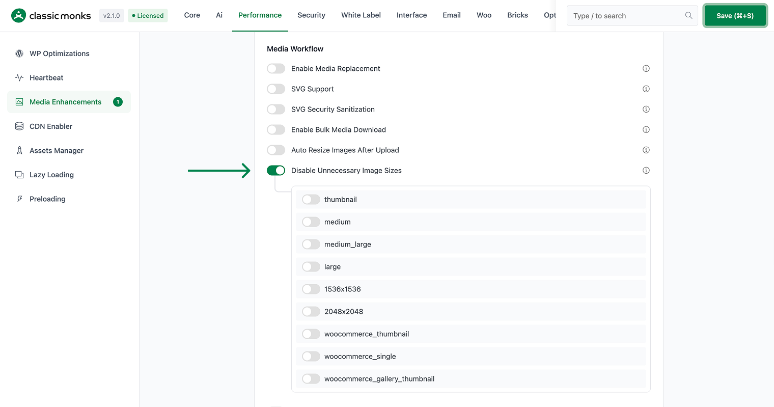 Disable unnecessary image sizes