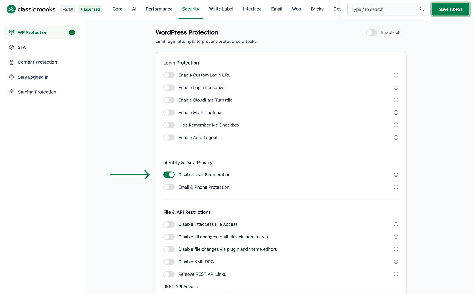 WordPress security settings screen
