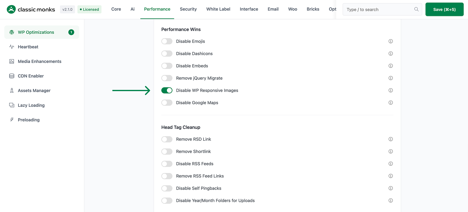 Disable WP Responsive Images toggle