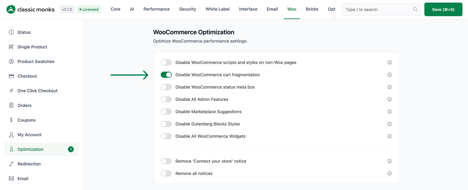 WooCommerce optimization settings panel
