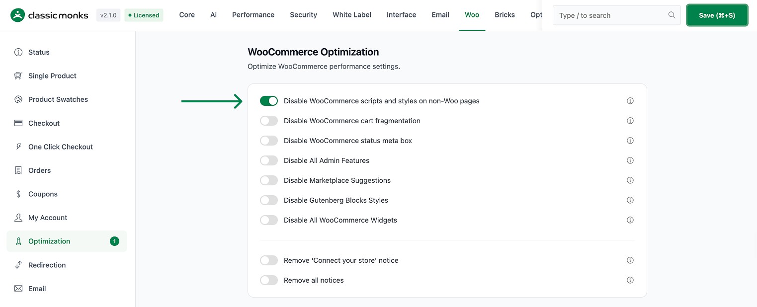 WooCommerce Optimization settings panel.