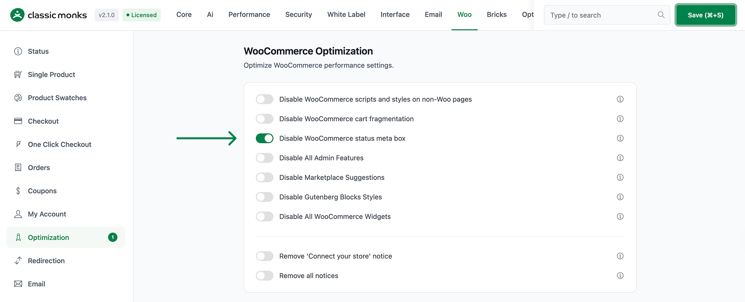 WooCommerce optimization settings panel