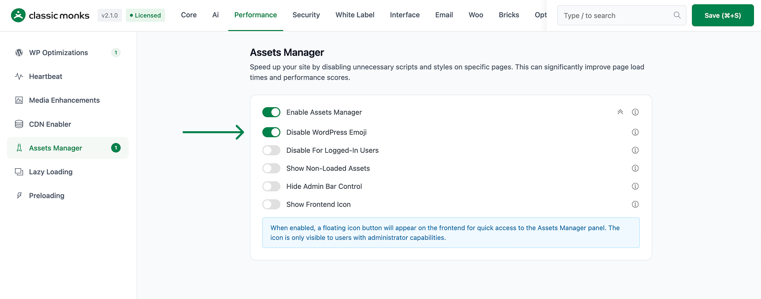 Assets Manager settings panel