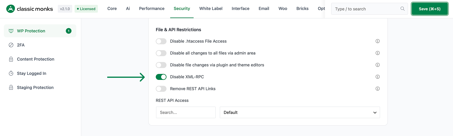 Disable XML-RPC setting toggled