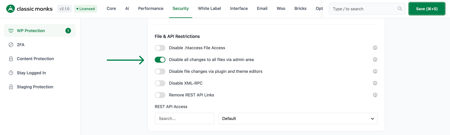 Disable admin area file changes