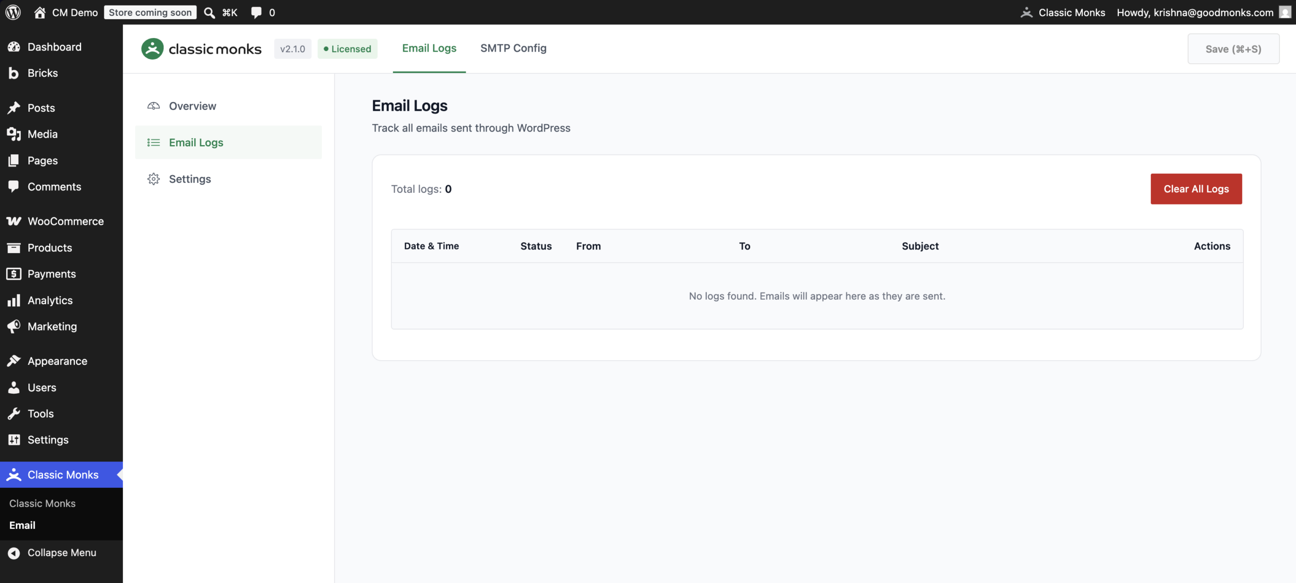 Email logs tracker screen