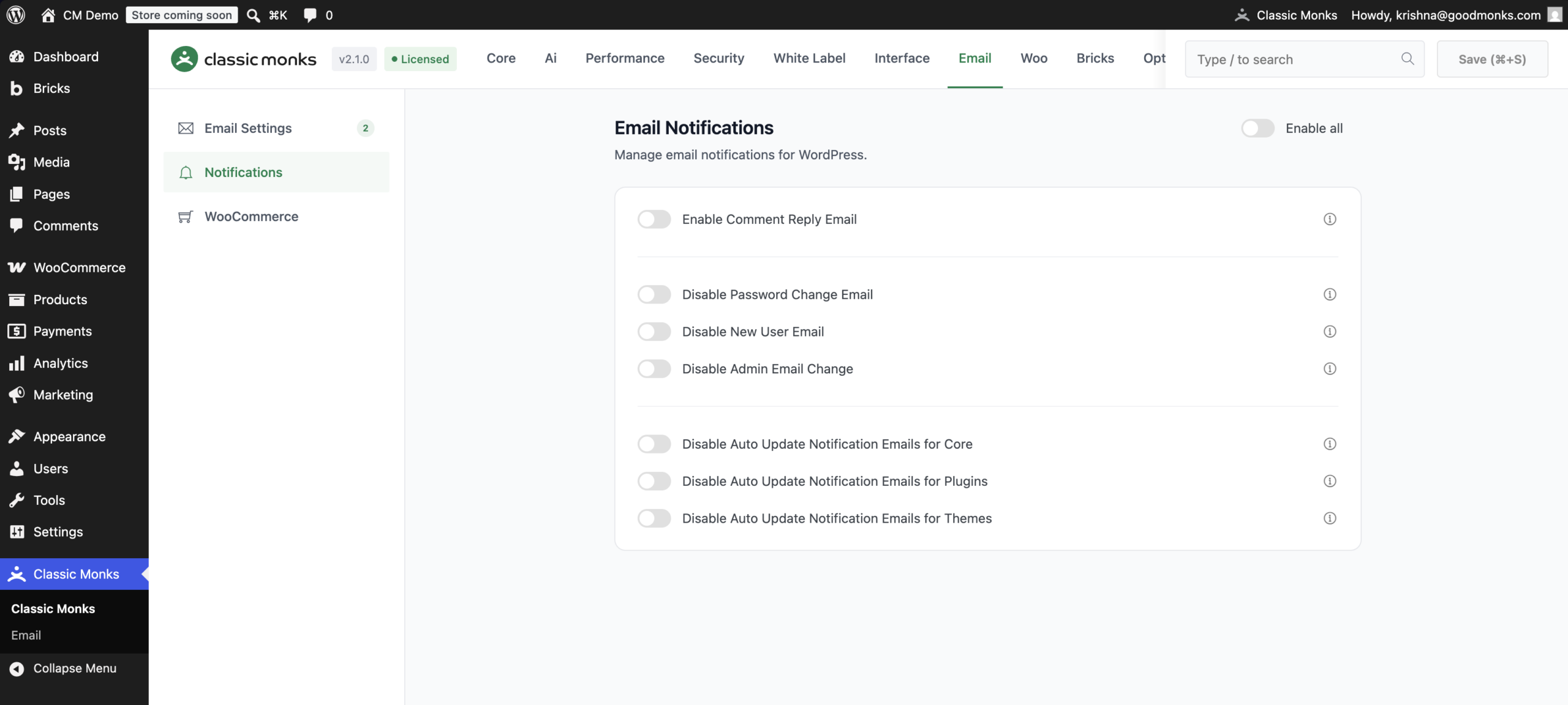 Email notifications settings dashboard