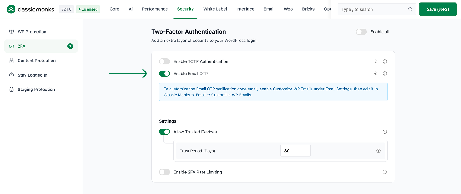 Enable Email OTP for security