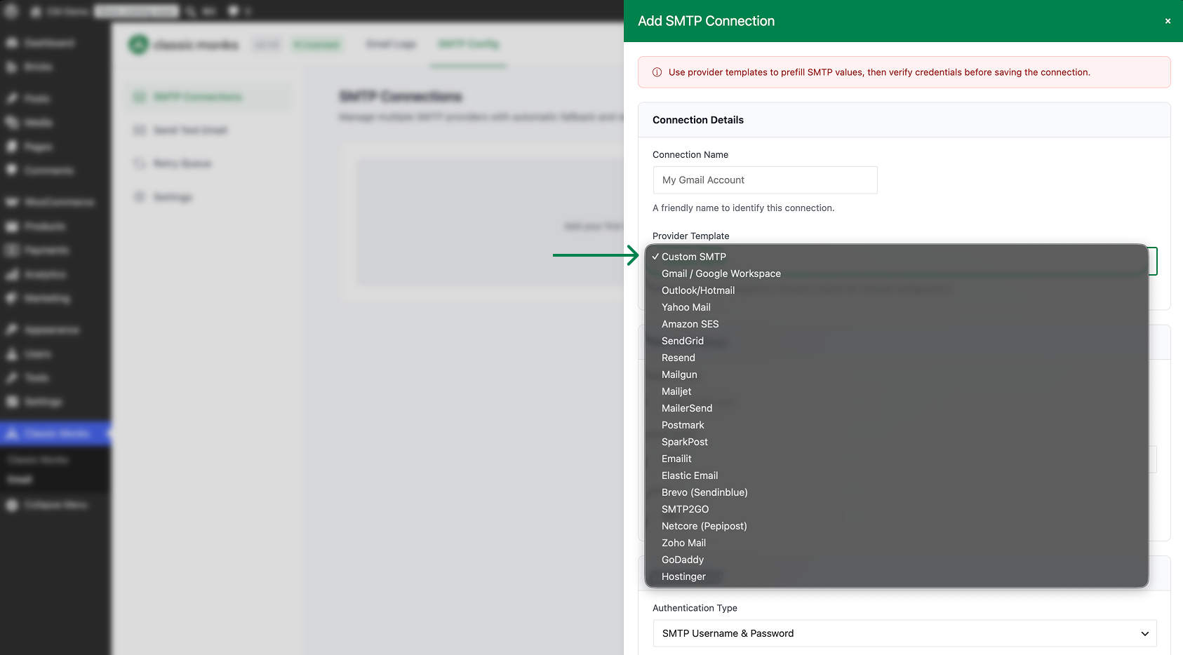 Dropdown menu showing SMTP provider templates including Custom SMTP, Gmail, Outlook, Yahoo Mail, Amazon SES, SendGrid, Mailgun, Mailjet, MailerSend, Postmark, SparkPost, Emailit, Elastic Email, Brevo, SMTP2GO, Netcore, Zoho Mail, GoDaddy, and Hostinger.