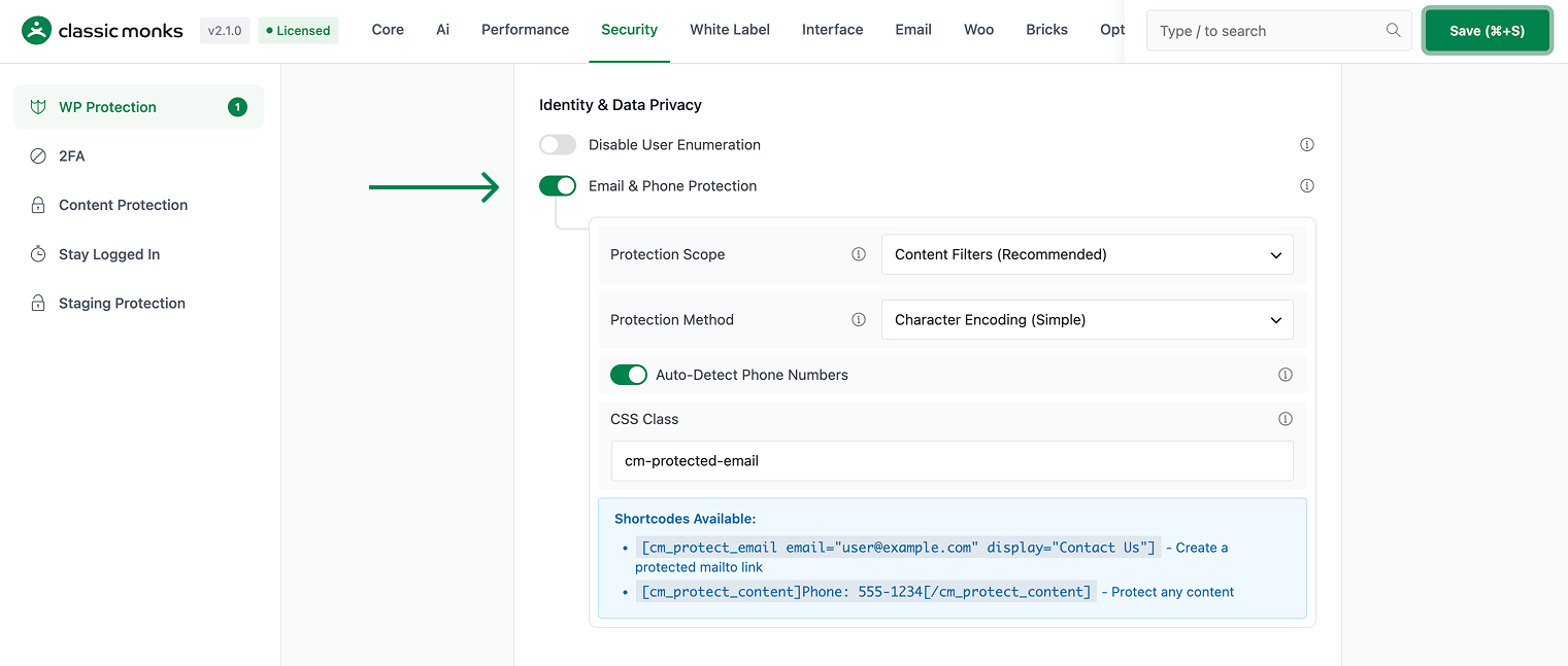 Email and phone protection settings