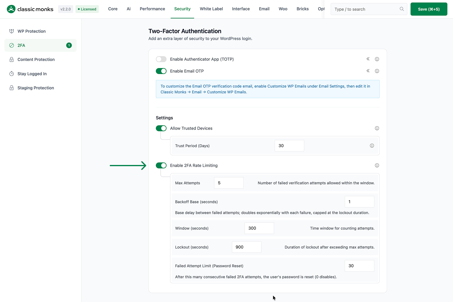 Two-factor authentication settings for WordPress.