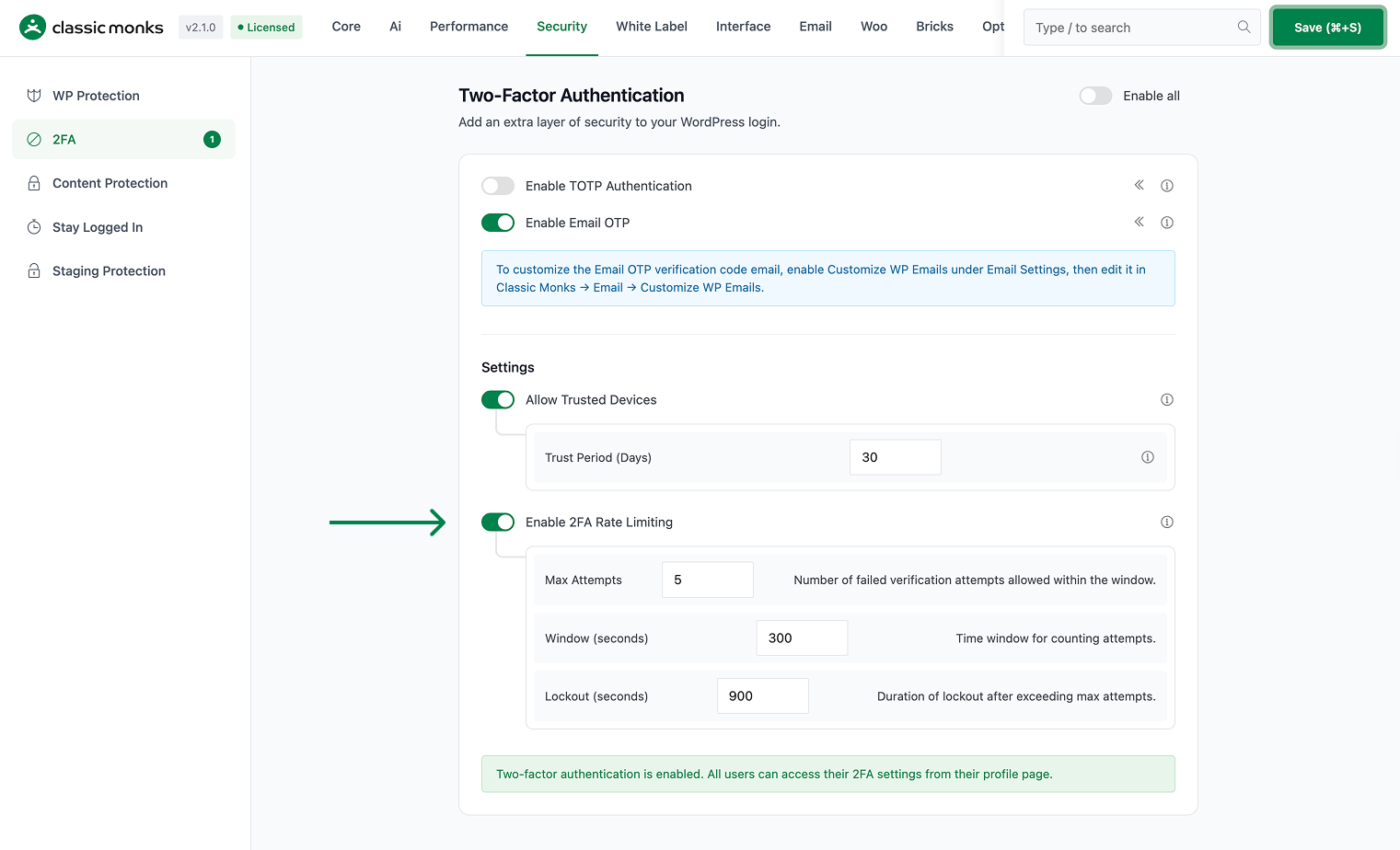 Two-factor authentication settings page