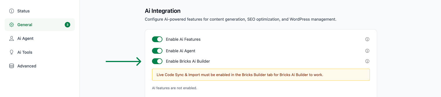 Settings page showing AI Integration options with toggles enabled for AI Features, AI Agent, and Bricks AI Builder, and a warning about enabling Live Code Sync & Import in the Bricks Builder tab.