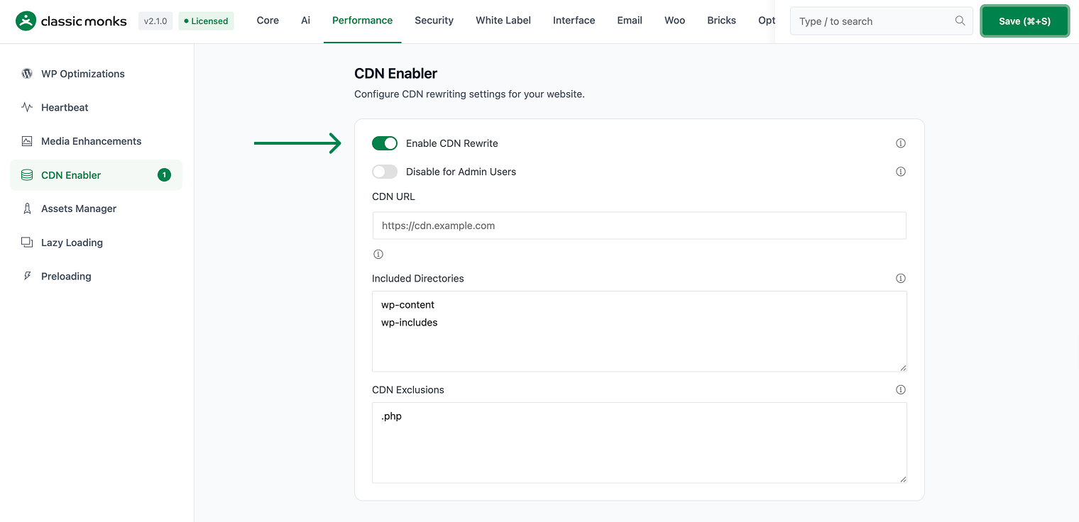 CDN enabler settings page