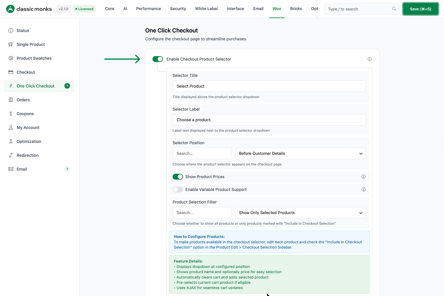 Checkout product selector settings