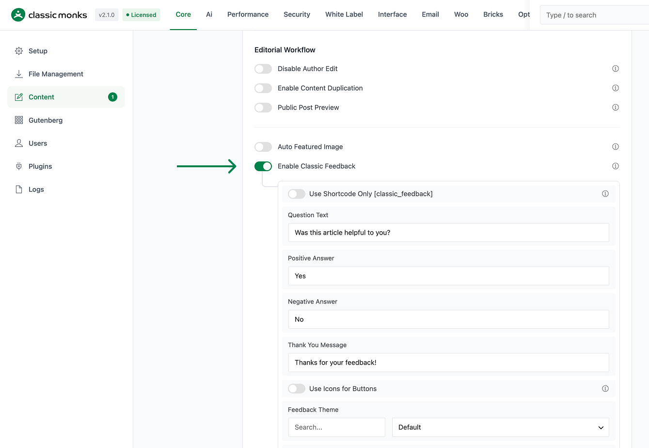 Enable classic feedback settings