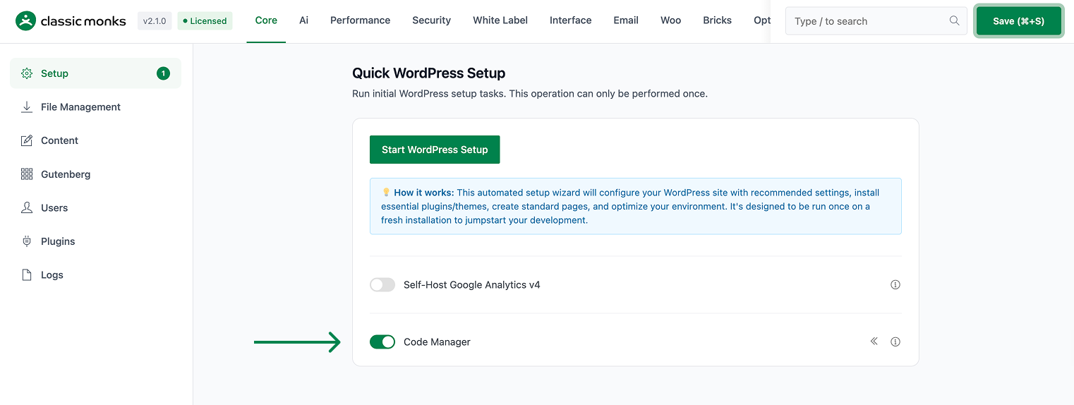 Quick WordPress setup panel