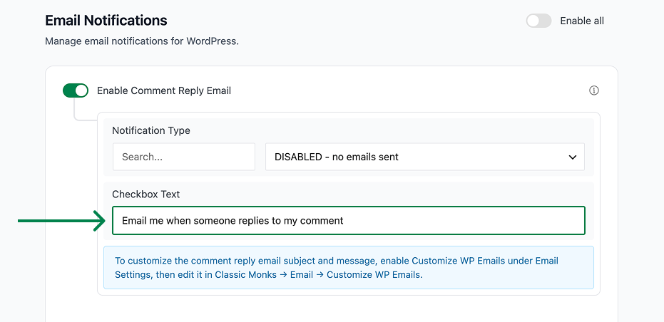 Email notifications for WordPress comments.