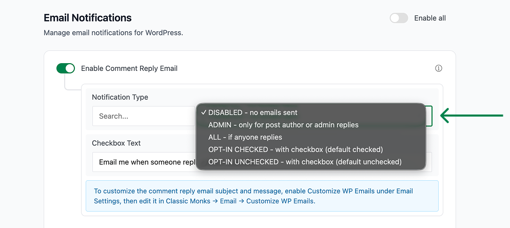 Notification type dropdown menu