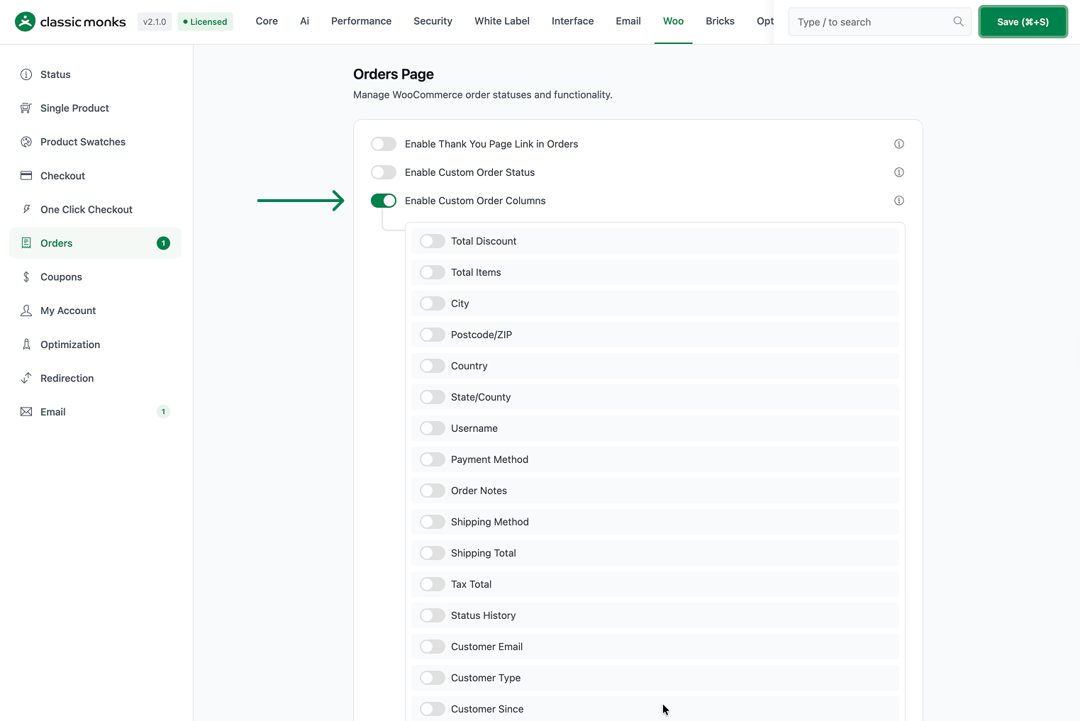 Custom WooCommerce order columns enabled.