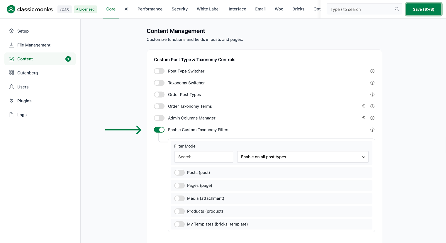 Enable custom taxonomy filters.