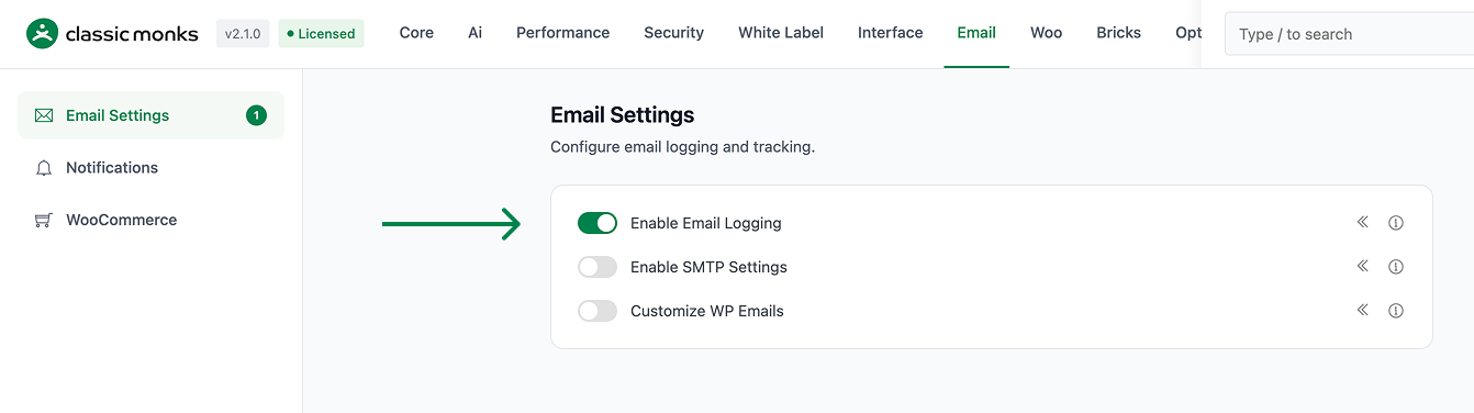 Email settings configuration dashboard