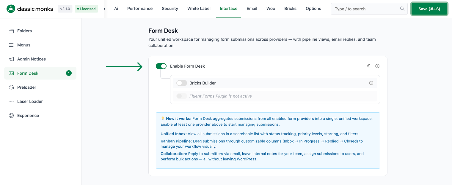 Form Desk settings page