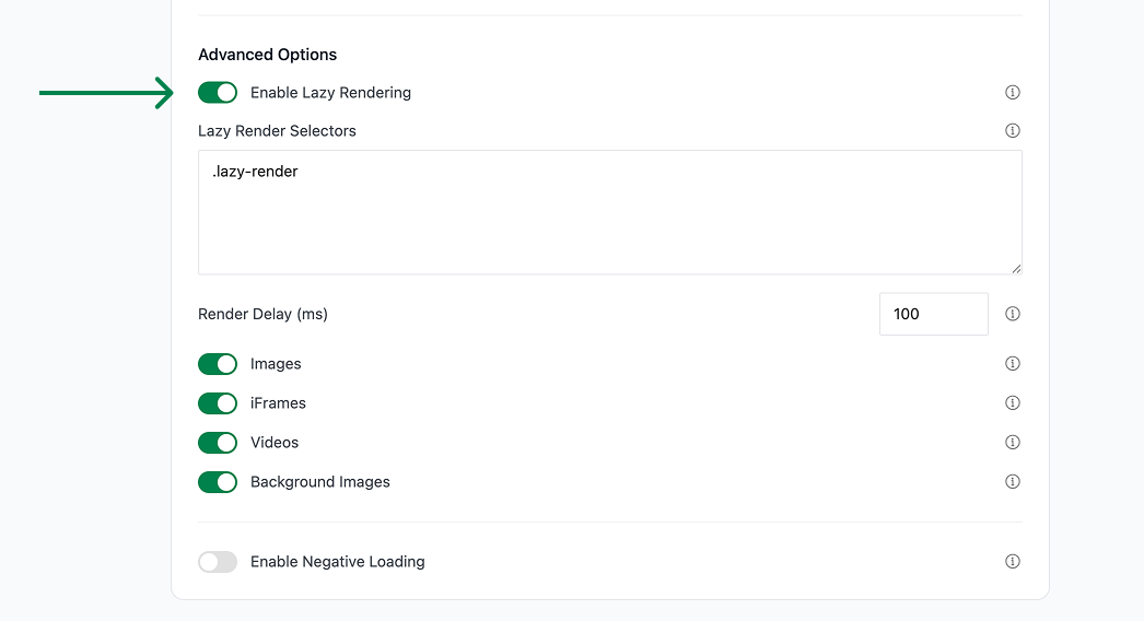 Settings panel showing Advanced Options with toggles enabled for Lazy Rendering, Images, iFrames, Videos, and Background Images, and a 100 ms render delay.