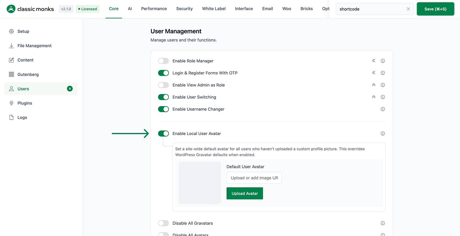 User avatar settings screen