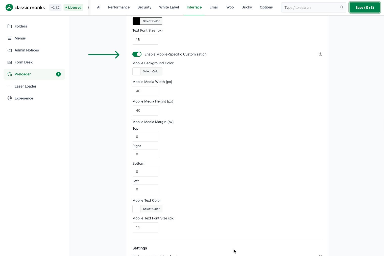 Preloader settings interface section