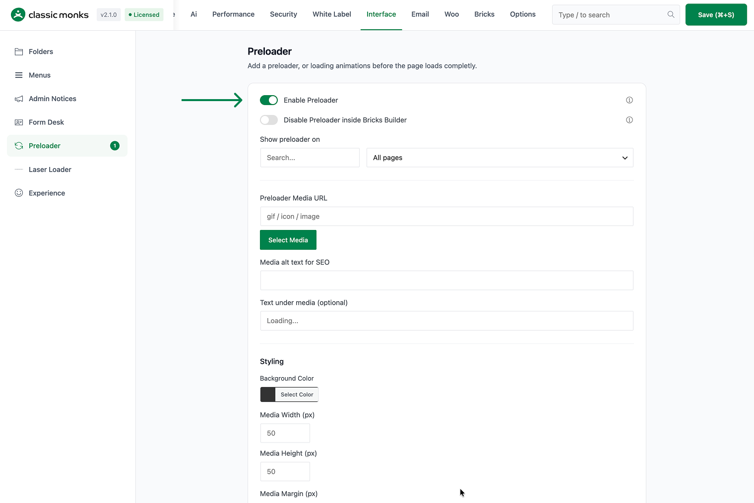 Preloader settings interface screenshot