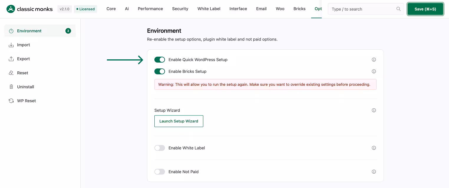 Environment setup options enabled