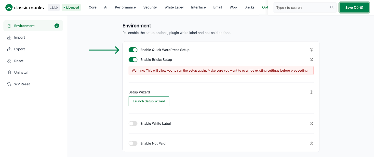 Environment setup options enabled