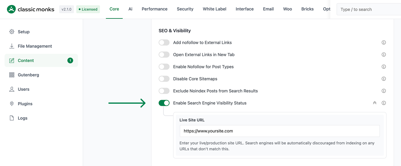 Enable search engine visibility status