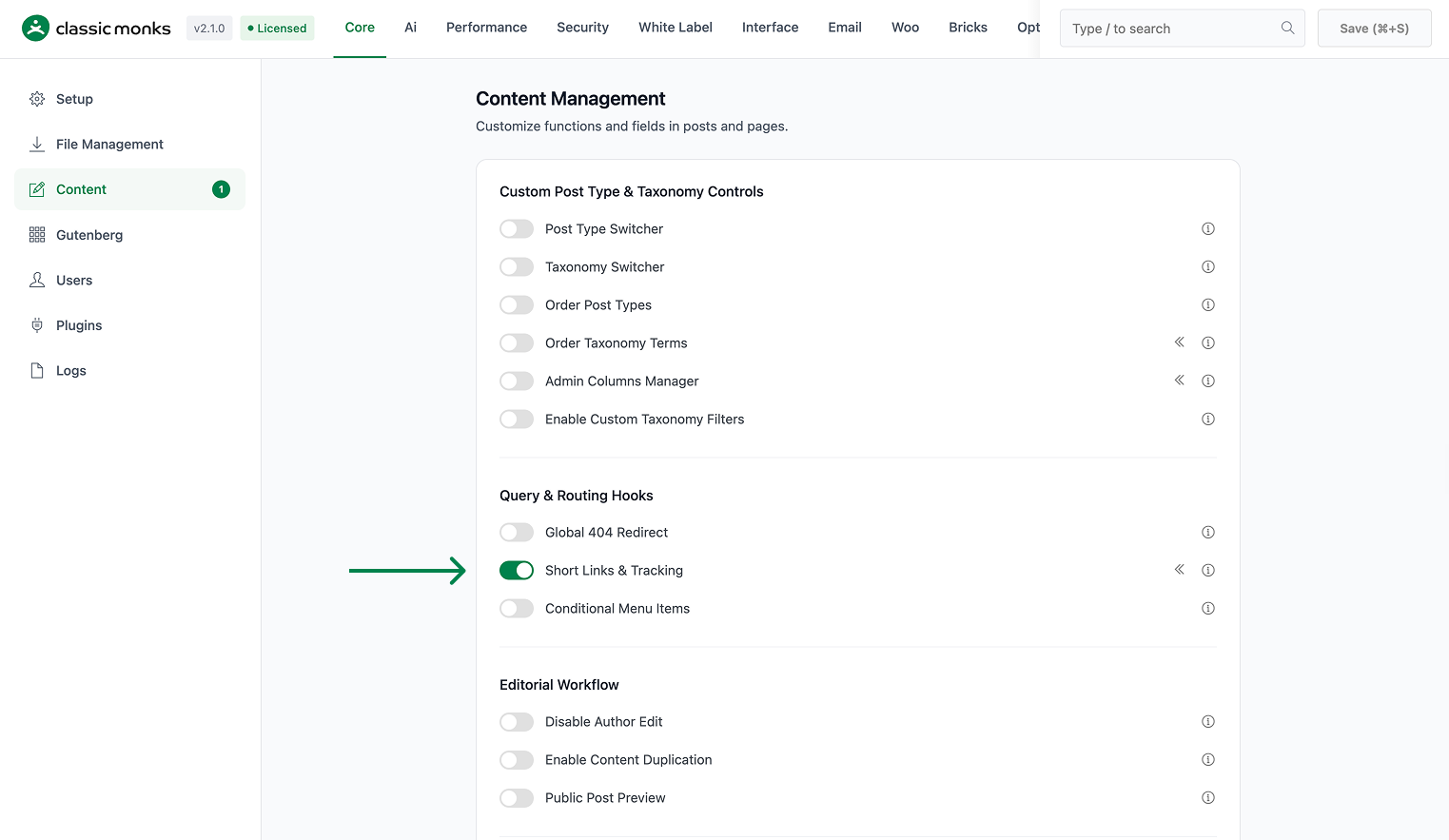 Short Links & Tracking toggle.