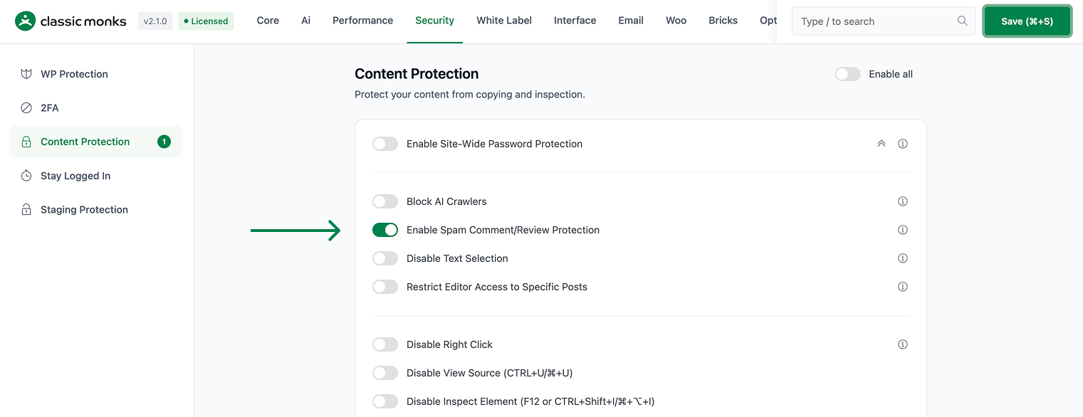 Content protection settings enabled