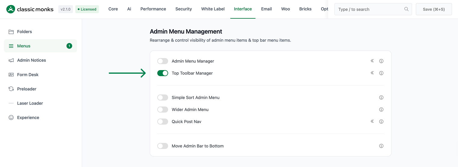 How to Use the Top Toolbar Manager in WordPress Admin menu top toolbar toggle